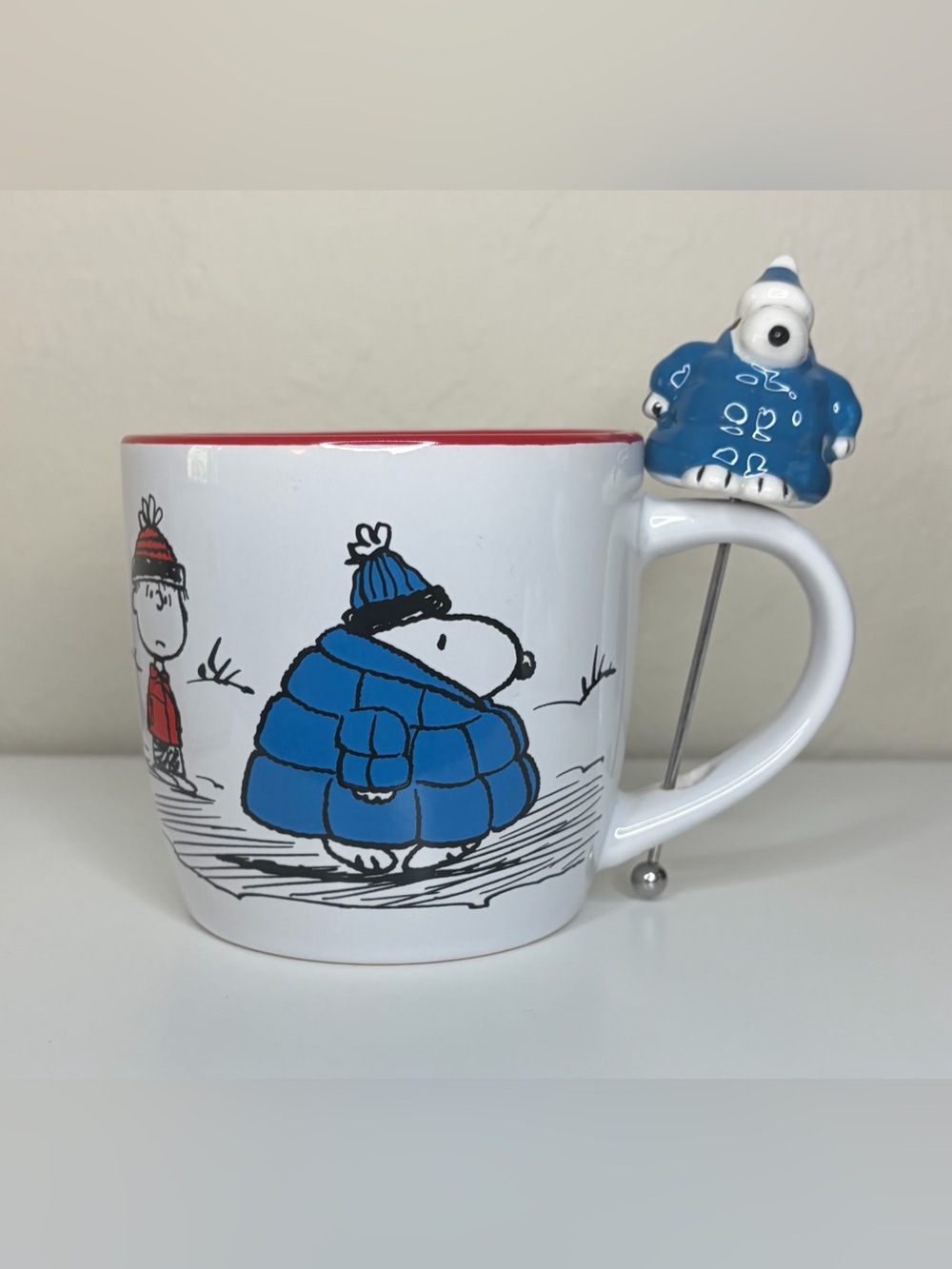Peanuts Snoopy Woodstock Blue Puffer Jacket Winter Coffee Mug 2025 w/Stir